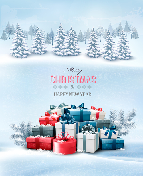 Christmas elements with winter landscape background vector 01 Christmas elements with winter landscape background vector 01