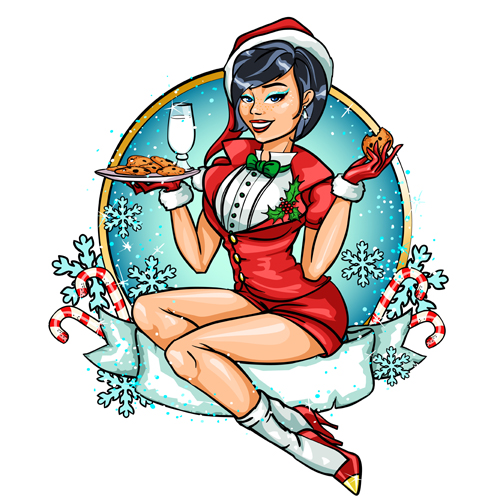 Christmas labels with beautiful girl vector 04