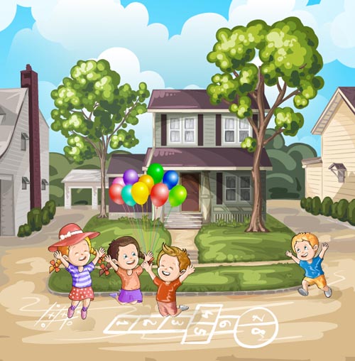 Happy children with nature background vector 01 Happy children with nature background vector 01