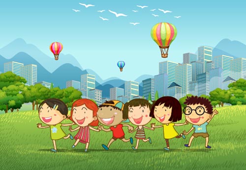 Happy children with nature background vector 02 Happy children with nature background vector 02