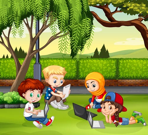 Happy children with nature background vector 04 Happy children with nature background vector 04