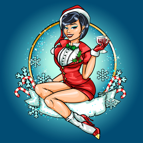 Christmas labels with beautiful girl vector 01