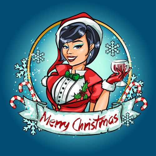 Christmas labels with beautiful girl vector 02