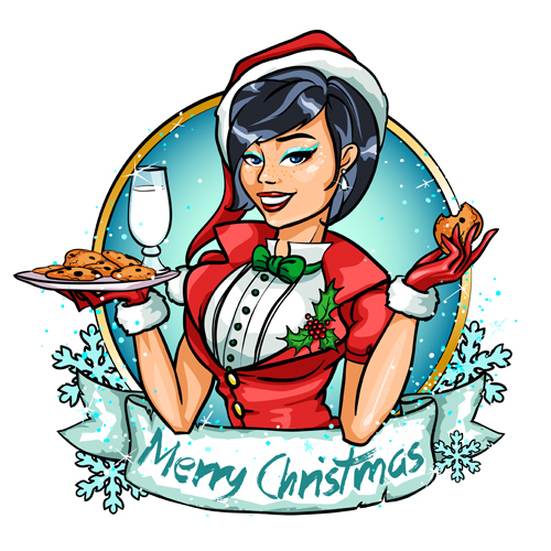 Christmas labels with beautiful girl vector 03