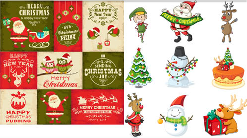 Vintage Christmas background with santa snowman and tree vector Vintage Christmas background with santa snowman and tree vector