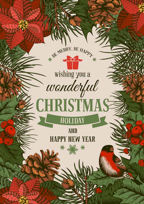 Christmas cards holly berries and fir cone with bird vector 01