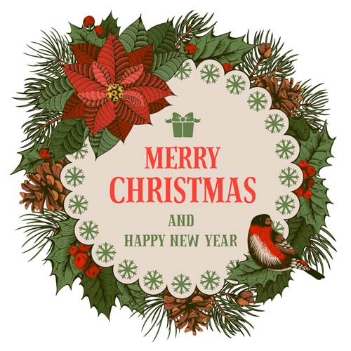 Christmas cards holly berries and fir cone with bird vector 02