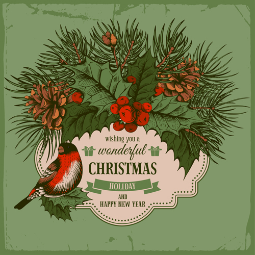 Christmas cards holly berries and fir cone with bird vector 03