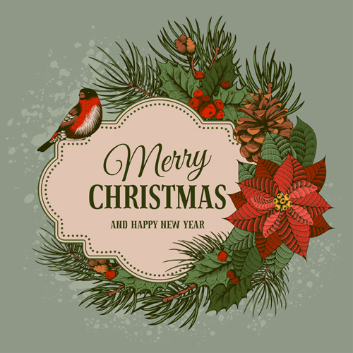 Christmas cards holly berries and fir cone with bird vector 04