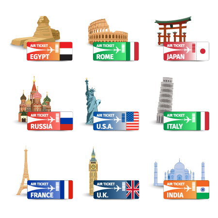 World landmarks with air ticket vector World landmarks with air ticket vector