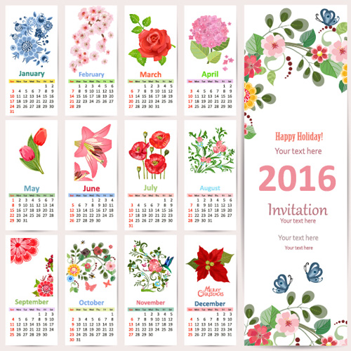 Beautiful flower with 2016 calendars vector Beautiful flower with 2016 calendars vector