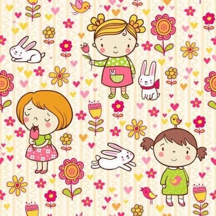 Cartoon kids with flower seamless pattern vector