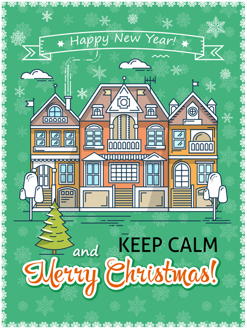 Christmas greeting cards with house vector 01 Christmas greeting cards with house vector 01