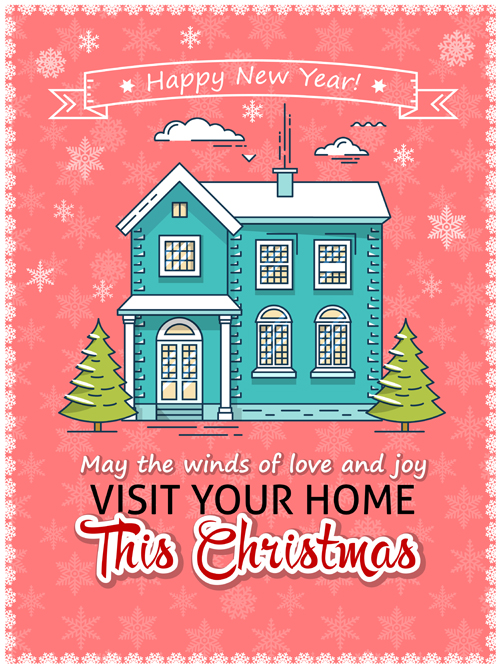 Christmas greeting cards with house vector 02 Christmas greeting cards with house vector 02