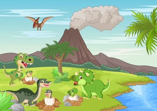Cartoon dinosaurs with natural landscape vector 14