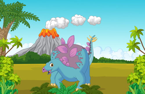 Cartoon dinosaurs with natural landscape vector 06