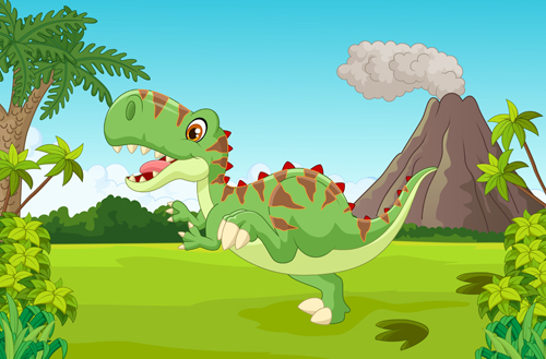 Cartoon dinosaurs with natural landscape vector 07