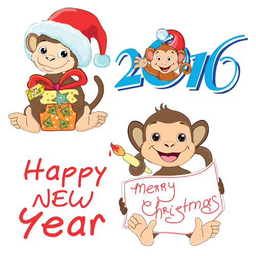 Funny monkey with 2016 new year vectors 03 Funny monkey with 2016 new year vectors 03