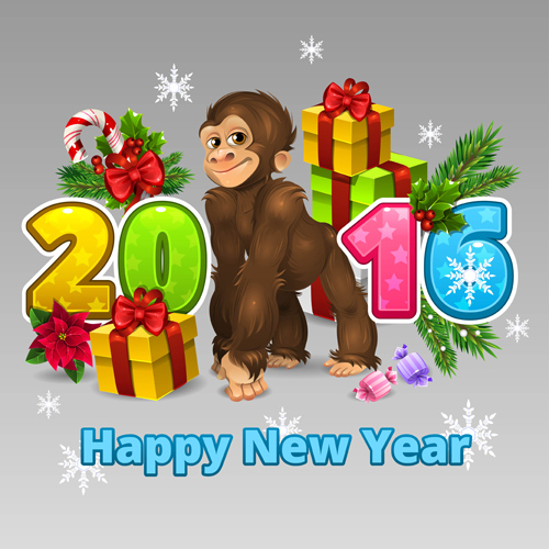 Funny monkey with 2016 new year vectors 06