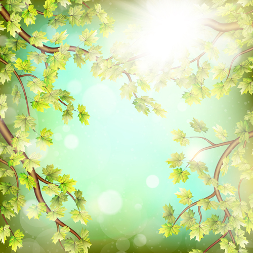 Spring green leaves with sunlight background vector 04 Spring green leaves with sunlight background vector 04