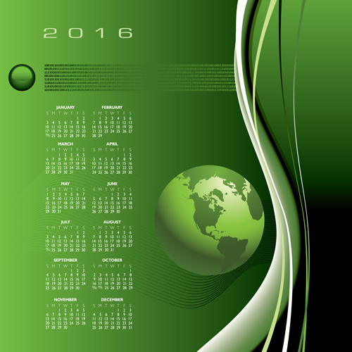 2016 Calendar with green globe vector 01 2016 Calendar with green globe vector 01