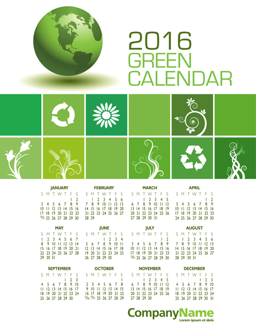 2016 Calendar with green globe vector 03 2016 Calendar with green globe vector 03