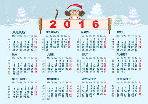 winter snow monkey calendar 2016 