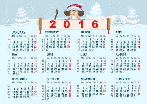 2016 monkey calendar with winter snow vector 2016 monkey calendar with winter snow vector