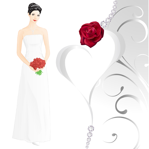 Beautiful bride and red rose wedding card vector 02 Beautiful bride and red rose wedding card vector 02