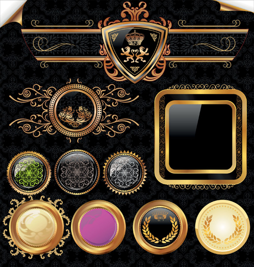 Golden frame with badge and labels luxury vector Golden frame with badge and labels luxury vector