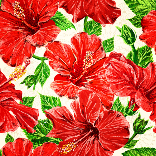 seamless red pattern leaves green flowers 