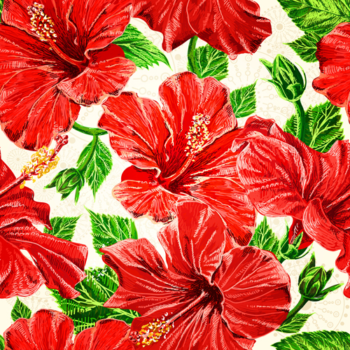 Green leaves with red flowers vector seamless pattern