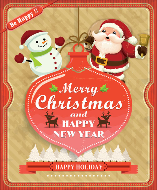 Santa with christmas poster vintage vectors 03