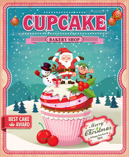 Santa with christmas poster vintage vectors 04