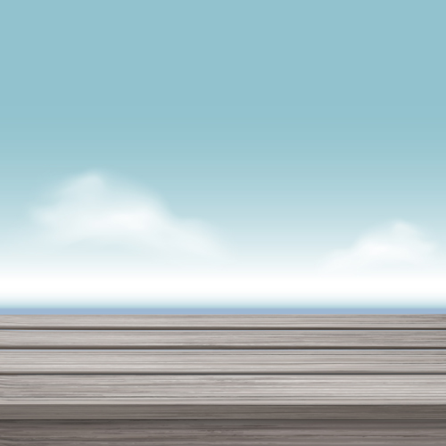 White cloud blue sky with wood board background vector set 10