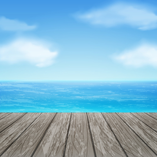 White cloud blue sky with wood board background vector set 04