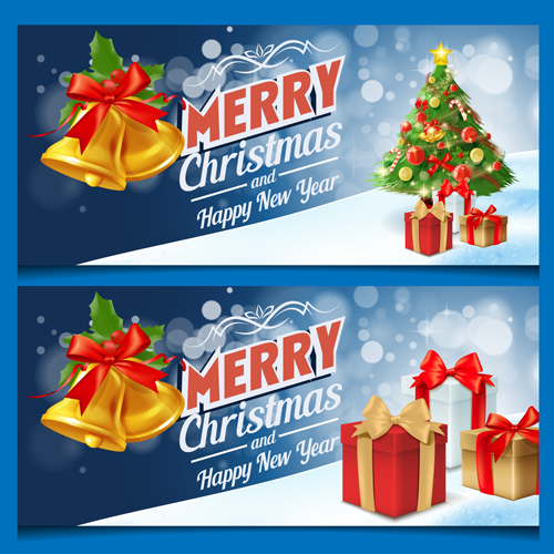 Christmas bell with gift and xmas tree banners vector 02 Christmas bell with gift and xmas tree banners vector 02