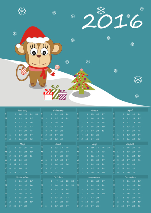 Cute monkey with 2016 calendar vector Cute monkey with 2016 calendar vector