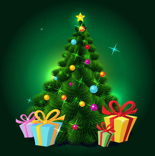 Green christmas tree with gift vector material Green christmas tree with gift vector material