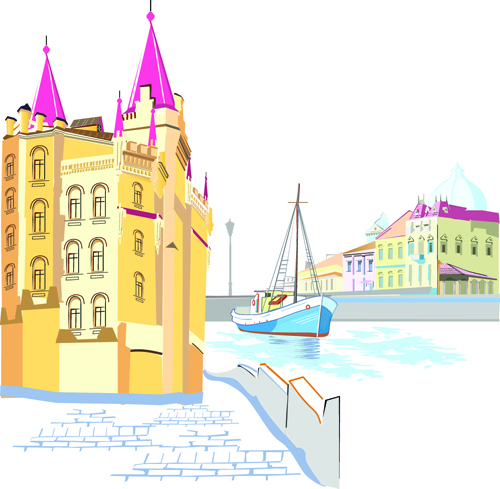 Hand drawn town streets design vector set 04 Hand drawn town streets design vector set 04