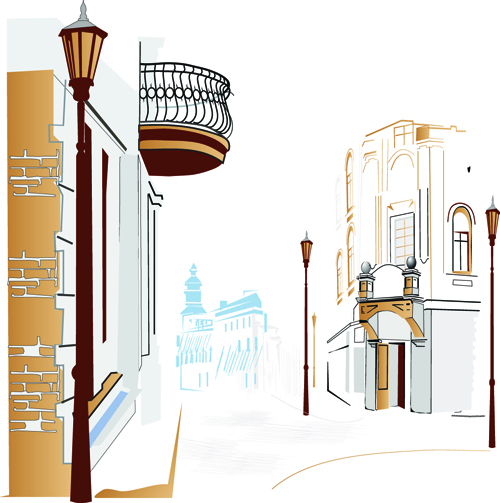 Hand drawn town streets design vector set 05