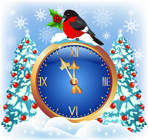 Christmas tree with colck and bird vector Christmas tree with colck and bird vector
