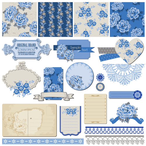 Flower pattern and labels with border design elements vector 05 Flower pattern and labels with border design elements vector 05