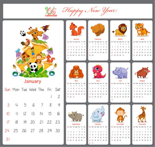 cartoon animal calendar 2016 