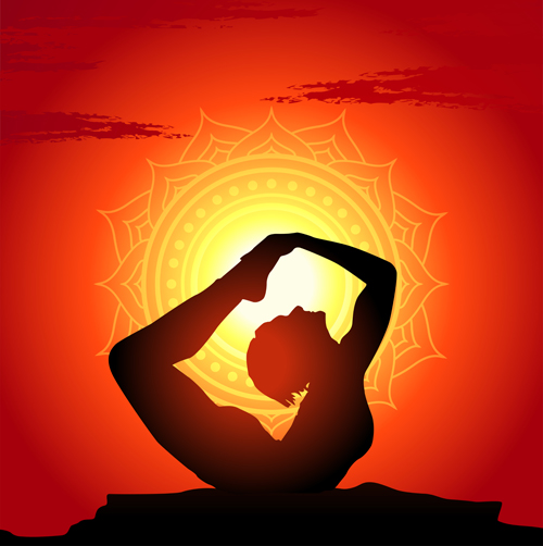 Yoga silhouetter with sunset background vectors 05