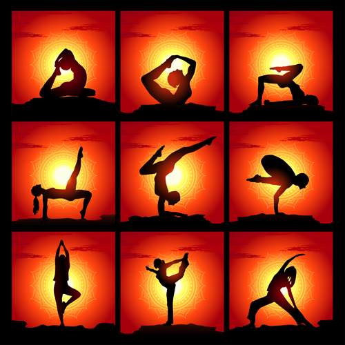 Yoga silhouetter with sunset background vectors 07 Yoga silhouetter with sunset background vectors 07