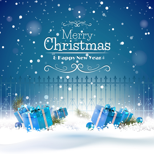 Christmas blue gifts with fence vector background Christmas blue gifts with fence vector background
