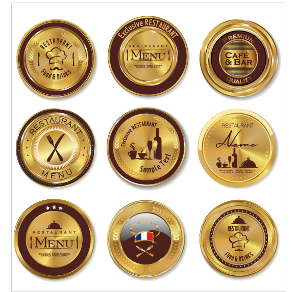Gold and brown restaurant labels vector Gold and brown restaurant labels vector