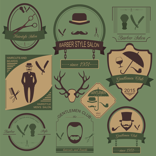 Haircuts and beards salon labels vector 03 Haircuts and beards salon labels vector 03