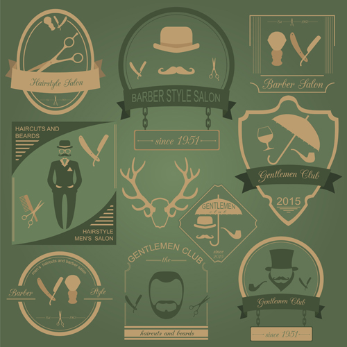 Haircuts and beards salon labels vector 04